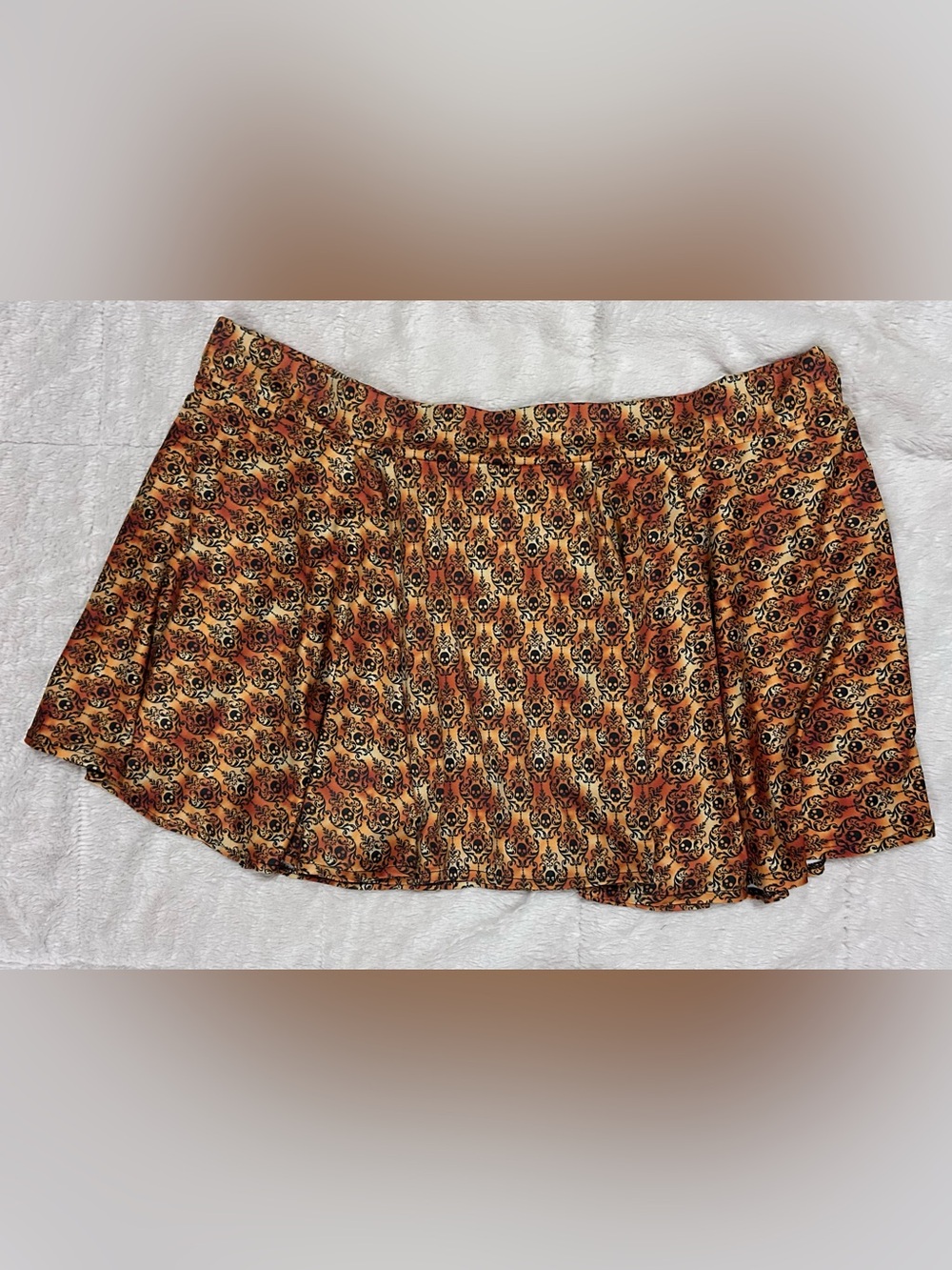 Orange Skulls Gothic Print Stretch Lycra Skirt